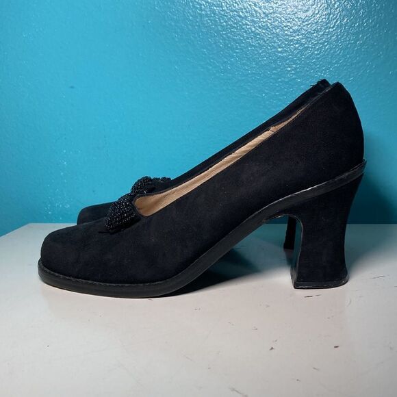Vintage Black Kenneth Cole Heels Size 8.5 Leather & Suede with Beaded Bow - Picture 7 of 12